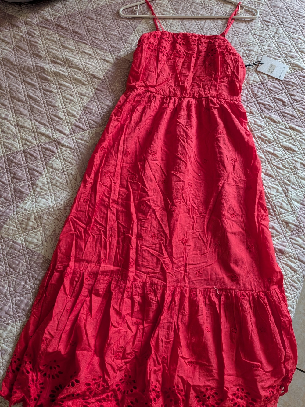 Spaghetti-Strap Red Eyelet Maxi Dress